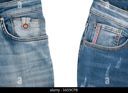 Blaue Jeans isoliert auf weißem Hintergrund. Jeans für Herren oder Damen, Jeans für Unisex Stockfoto