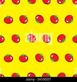 Nahtloses Muster des roten Tomatenvektors auf GELBEM Hintergrund für Tapete, Muster, Web, Blog, Oberfläche, Textur, Grafik und Druck. Stock Vektor