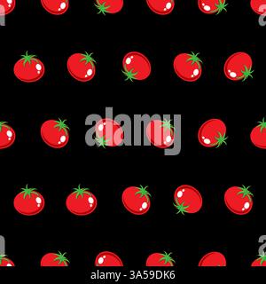Nahtloses Muster des roten Tomaten-Stock-Vektors auf schwarzem Hintergrund für Tapete, Muster, Web, Blog, Oberfläche, Textur, Grafik und Druck. Stock Vektor