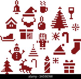 Set aus dekorativen Weihnachtselementen, Symbol im 8-Bit-Stil Stock Vektor