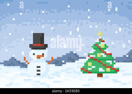 Schneemann- und Chrismas-Baum mit schneebedecktem Hintergrund im 8-Bit-Stil. Zu Weihnachten Stock Vektor