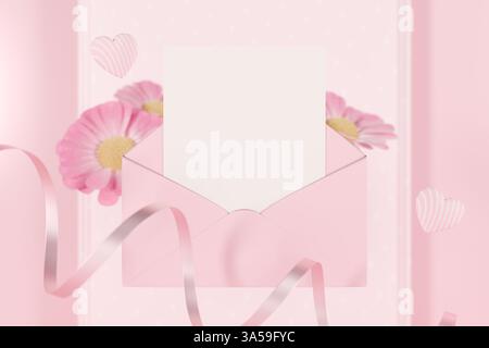 Valentinskarte oder Muttertag mit rosafarbenem Umschlag und Blumen, bereit für eine herzliche Botschaft. 3D-Rendering Stockfoto