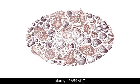 Schokoladentrüffel mit Kakaopulver, Praline, Bonbon in Oval. Vektorskizze von grafischen süßen Früchten, Bohne, Nuss. Vintage-Illustration für Süßwarengeschäft, Stock Vektor