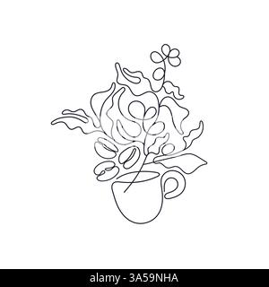 Eine Tasse Aroma arabica, Robusta Kaffee. Tropischer westafrikanischer Busch, Aromakorn. Einzeiliges Vektorsymbol isoliert auf weißem Hintergrund Stock Vektor