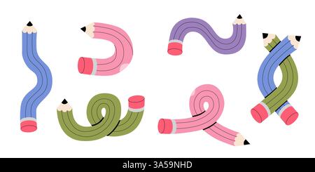 Stifte setzen Vektor-Illustration. Verdrehter flexibler, farbenfroher einfacher Bleistift in verschiedenen Formen wie Knoten, Häkchen, Biegen, Kritzeln. Zurück zur Schule Stock Vektor
