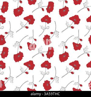 Scharlachrote Mohnblumen. Blumengrafiken auf weißem Hintergrund. Muster mit Mohnblumen, Umrisszeichnung, auf weißem Hintergrund. Vektorabbildung Stock Vektor