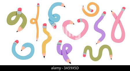 Verdrehter, gekrümmter Comic-Bleistift, der skizzenhaft kritzelnd ist. Linie Hand gezeichnet einfacher Bleistift. Flippiges flexibles Schulmaterial. Trendiges Schreibwerkzeug. Vektorabbildung Stock Vektor