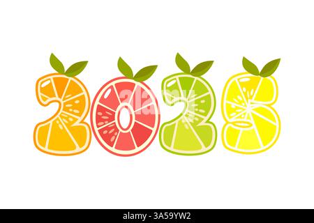 Zitrusfrucht Nummer 2025. Zitruszahlen. Zahlen, Figuren2026 für Grafikdesign Stock Vektor