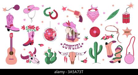 Rosafarbener Aufkleber für Cowgirl. Niedliche Karikatur-Cowboy-Elemente, Kakteen Pferdesattel Hufeisen Sheriff-Abzeichen, Gitarren-pinke Aufkleber-Sammlung, Wild West Disco Club Stock Vektor