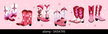 Pinkfarbene Cowgirl-Stiefel. Niedliche Western Cowboyschuhe mit Schleifen und Sternen, trendige, groovige Coquette-Modeaufkleber. Vektor Country Rodeo Cowboy Icons Set Stock Vektor