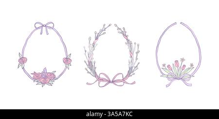 Set von handgezeichnetem Frühlingsblumenkranz. Osterhandgezeichneter Blumenrahmen in Pastellfarben. Skurrile kokettische Grenze. Designelement für die Eierjagd. Niedliches A Stock Vektor