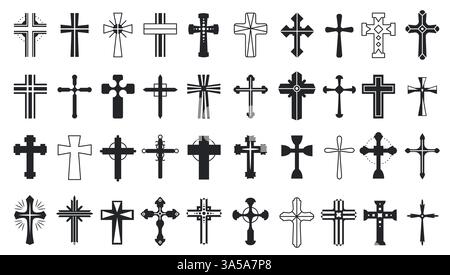 Christliches Kreuz. Religiöse Kreuze und kirchliche Kreuzigung, schwarzes christentum religiöse Kreuzigungssymbole, katholische Kirchenformen, kreuzförmige Gott-Heilige Stock Vektor