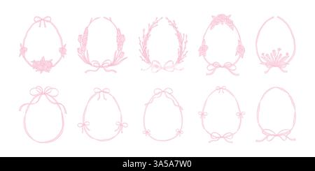 Ostern süße Linie handgezeichnete Doodle-Band-Rahmen mit Schleifen. Weide, Tulpe, Springblumenkranz. Grußkarte, Einladungsvorlage, fröhliche Feier Stock Vektor