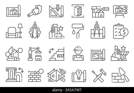 Symbole für Architekturlinien. Bauplan umreißen Symbole von Architekten und Bauingenieuren, Piktogramme für Stadtbau und Planung. Vektorarchitektur Stock Vektor