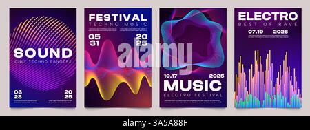 Poster mit Soundmusik. Abstraktes Flyer-Design mit dynamischen Elementen der Schallwellen- und Gradientengeometrie. Vektorbroschüre für Musikkonzerte mit farbenfrohem Sound Stock Vektor