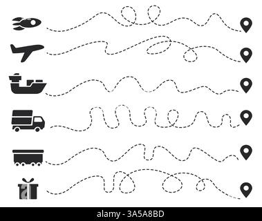 Lieferpfadlinie. Infografik der gepunkteten Route mit Positionsangaben, Raketen-, Flugzeug-, Schiff-, LKW-Container- und Paketsymbolen. Transport und Stock Vektor