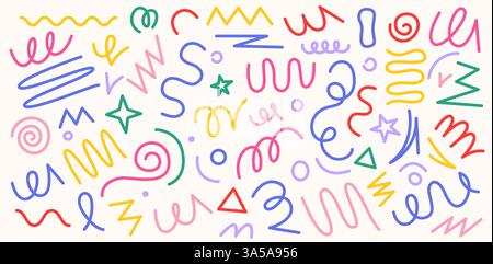 Konfetti farbenfrohe Linien. Kinderfeierungshintergrund mit abstraktem minimalem geometrischem Konfetti und grafischem Design mit dekorativen Elementen für den Kindergeburtstag Stock Vektor