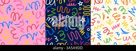 Konfetti-Linienmuster. Nahtloser Kindergeburtshintergrund, farbenfroher Druck von Scribble geometrischen Formen, abstrakter kindlicher Party Geschenkpapier Druck Stock Vektor