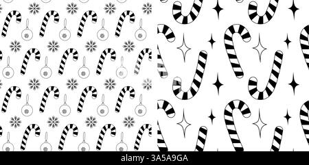 Outline Stylized Candy Cane Weihnachtsbaumkugeln Schneeflocken Sterne Silvester nahtlose Muster Set 2. Isolierte Vektor-Illustration Wrapping Wallpaper Thematische Karten oder Web-Promo-Banner, Poster, Broschüren Stock Vektor