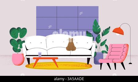 Moderne Sofaausstattung. Gemütliches Heim-Zimmer mit Couch Sessel, Tischlampe und Katze, Cartoon-Wohnbereich mit komfortablen Möbeln, minimalistisches Apartment Stock Vektor