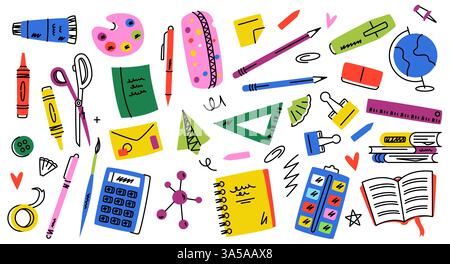 Niedliche Schulelemente. Doodle Supplies und Schreibwaren, Zeichentrick bunte Ikonen, kindlicher flacher Bleistift Notizbuch Rechner Lineal Kleber Pinselstift, zurück zu Stock Vektor
