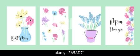 Happy Mother's Day elegante handgezeichnete Grußkarten. Vektor-Illustration von Muscari, Pfingstrosen und Frühlingsblumen. Stock Vektor