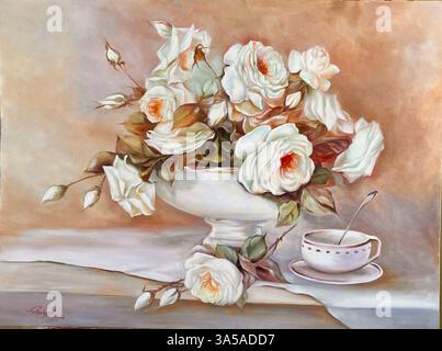White Roses and Cup Klassisches Stillleben Gemälde von Shahpari Bahrami Stockfoto