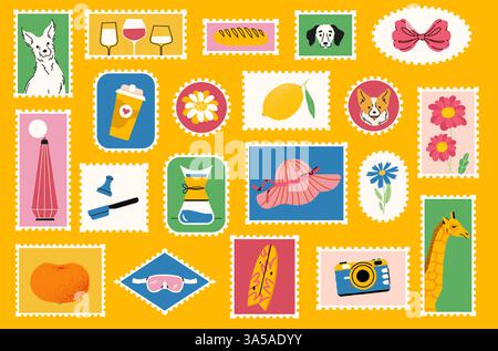 Sommerreisestempel. Cartoon Urlaub Postkartenmarken, niedliche Retro-Touristenbriefetiketten mit Doodle Hundelblumen und Getränken. Vektorpost Stock Vektor