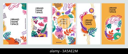 Tropische Geschichten im Hintergrund. Abstrakte, florale Social Media-Postvorlage für den Sommer, minimales Bannerlayout mit exotischen Blättern und Blumen. Vektor tropisch Stock Vektor