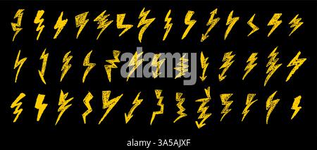 Set von Blitz durch Wachsstift Zeichnung. Sammlung von handgezeichneter Kreide, Lichthupen, Doodle Donner Bolts, goldenen Designelementen Stock Vektor