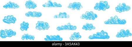 Set abstrakter Bleistiftwolken. Handgezeichneter Cartoon bewölkter Himmel. Vektor-Illustration der Sammlung von blauem Wirbel auf weißem Hintergrund. Nachahmung eines Kindes Stock Vektor