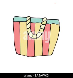 Bunte gestreifte Strandtasche Illustration perfekt für Sommerurlaube. Diese trendige Tasche ist sowohl stilvoll als auch funktional und ideal für Reisen am Meer Stock Vektor
