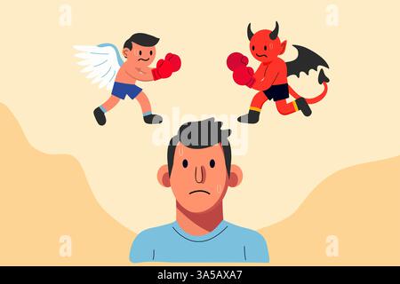 Entscheidungskonzept, kleiner Engel, der den kleinen Teufel über dem Kopf des Menschen kämpft, mischt sich Angst, wundert verdächtigen Stress, Comicvektor Stockfoto