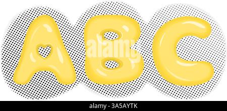 Bubble Glossy 3 Buchstaben ABC auf Englisch, Vektor 3D gelbe Schriftart auf gepunktetem Halbtonhintergrund. Drucke für Lehrer, Journalisten, Schüler, Schriftsteller, Schule Stock Vektor