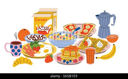 Frühstück für die Familie. Cartoon Morning Dish Menü Sammlung für Café, Haus oder Hotel. Speck mit Spiegeleiern, Toast mit Marmelade, Waffeln, Pfannkuchen und Stock Vektor