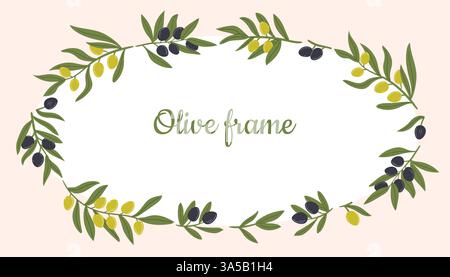 Rundrahmen mit Olivenzweig. Handgezeichnetes Kräuter mit Hochzeitslogo und eleganten Blättern. Botanisches rustikales, trendiges Grün Stock Vektor
