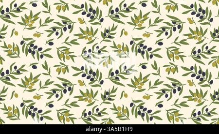 Zweige mit nahtlosem Olivenmuster. Hintergrund olivreifer schwarzer und grüner Früchte. Branding-Konzept für Olivenölunternehmen, ökologisch, umweltfreundlich Stock Vektor