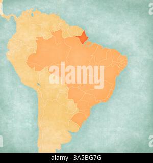 Amapa auf der Karte von Brasilien in weichem Grunge und Vintage-Stil, wie altes Papier mit Aquarellmalerei. Stockfoto