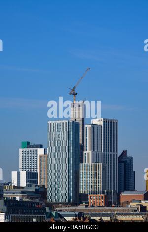 Leeds City Centre Skyline einschließlich White Rose View, Arena Point und Bau von Arena Point Studentenwohnungen, Leeds höchstes Gebäude. Stockfoto