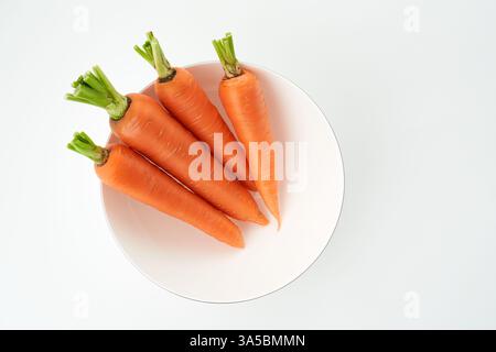Vier Karotten sitzen in einer weißen Schüssel. Die Karotten sind orange und haben grüne Spitzen Stockfoto