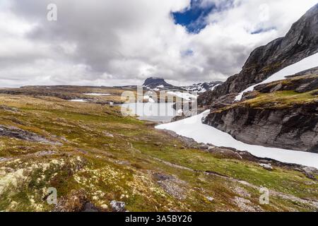 Atemberaubender Panoramablick auf zerklüftetes Gelände mit schneebedeckten Bergen, umgeben von Gletscherseen und lebhaftem Grün unter dramatischem bewölktem Himmel Stockfoto