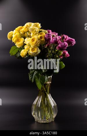 Schwarzer Hintergrund mit schillerndem Licht dort eine Glasvase mit einem großen Blumenstrauß aus gelben und rosa Pfingstrosen ein Geschenk für eine geliebte Frau A Stockfoto