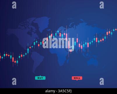 Börsenhintergrund mit Weltkarte und Finanzdiagramm. Stock Vektor