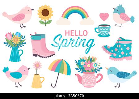 Illustrationssatz Feder. Hallo Frühling. Vektor-Clip-Art. Einfache flache Ausführung. Stock Vektor