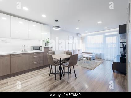 Modernes, offen geschnittenes Apartment mit minimalistischer Küche und gemütlichem Wohnbereich, mit Tageslicht, eleganten Möbeln, Holzfußboden und Stockfoto