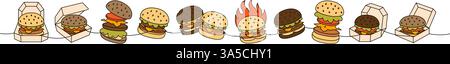 Burger setzt eine Linie farbige durchgehende Zeichnung fest. Traditionelles amerikanisches Fast Food. Handgezeichnete Elemente für Cafés, Restaurants. Stock Vektor