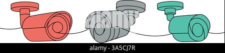 Sicherheitskameras, einzeilige, durchgehende Zeichnung. Externes Schutzsystem. Vektorabbildung. Stock Vektor