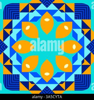 Minimales Mandala Blumendesign orientalisches Muster mit dekorativem Element Konzept Entspannen und Meditation für Seite Logobuch auf blauem Hintergrund verwenden Stockfoto