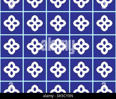 Nahtloses geometrisches Muster mit weißen Blumenmotiven auf blauem Gitterhintergrund. Stockfoto