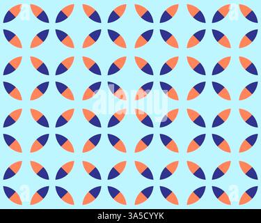 Ein sich wiederholendes Muster stilisierter Formen in Orange und Marineblau auf hellblauem Hintergrund. Das Design verfügt über ovale Formen, die in einem Rasterformat angeordnet sind Stockfoto